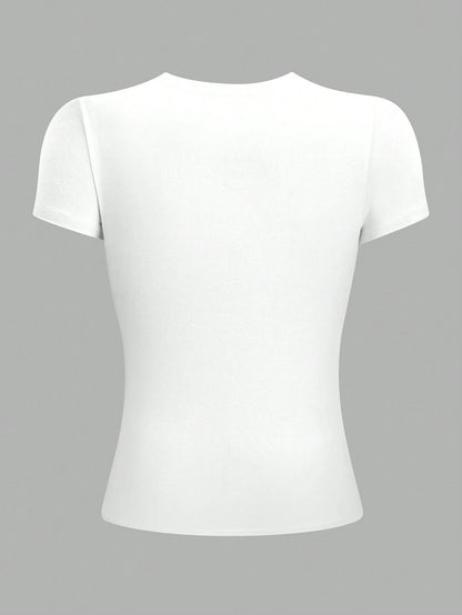 Jouncy Women Casual Versatile Fitted White Cropped Round Neck T-Shirt