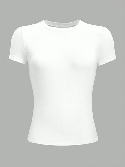 Jouncy Women Casual Versatile Fitted White Cropped Round Neck T-Shirt