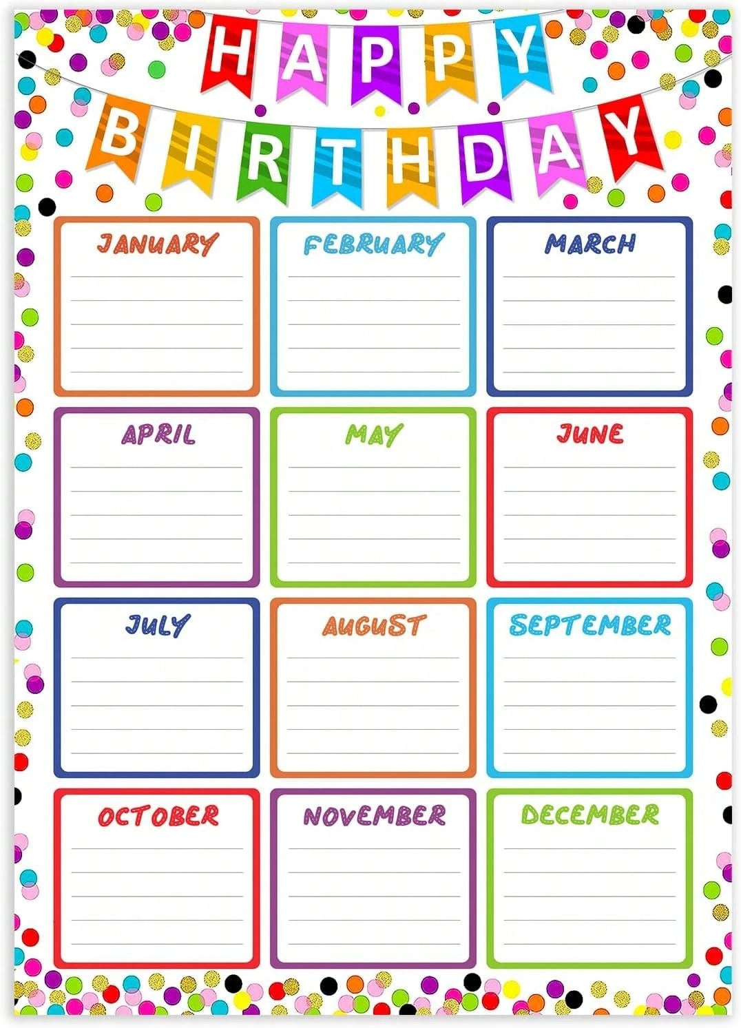 JUESMOS Confetti Happy Birthday Chart Poster For Classroom- Birthday Gifts Class Birthday Calendar Posters For Classroom Birthday Bulletin Board Decorations Back To School Teacher Supplies