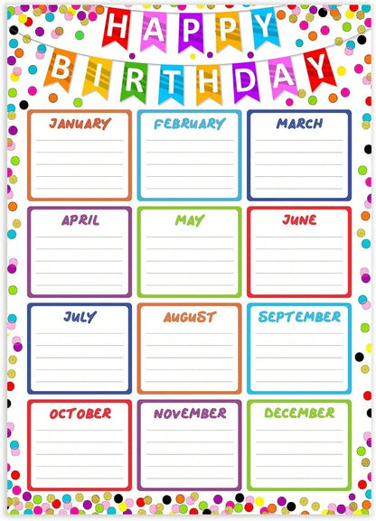 JUESMOS Confetti Happy Birthday Chart Poster For Classroom- Birthday Gifts Class Birthday Calendar Posters For Classroom Birthday Bulletin Board Decorations Back To School Teacher Supplies