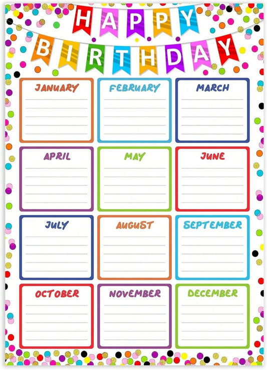 JUESMOS Confetti Happy Birthday Chart Poster For Classroom- Birthday Gifts Class Birthday Calendar Posters For Classroom Birthday Bulletin Board Decorations Back To School Teacher Supplies