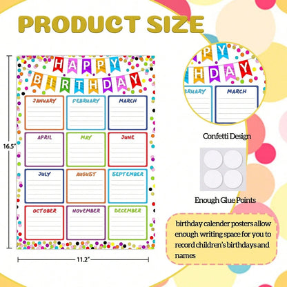 JUESMOS Confetti Happy Birthday Chart Poster For Classroom- Birthday Gifts Class Birthday Calendar Posters For Classroom Birthday Bulletin Board Decorations Back To School Teacher Supplies