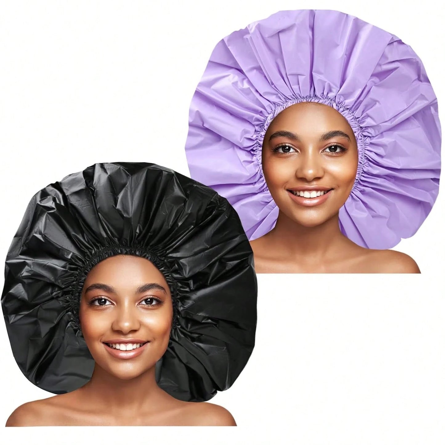 Jumbo Size Shower Cap 2 PCS Waterproof Shower Caps For Women, Extra Large Shower Cap, Reusable Super Large Bath Caps Hair Cap For Long Thick Curly Hair, Locs, Twist Braids- Black + Purple