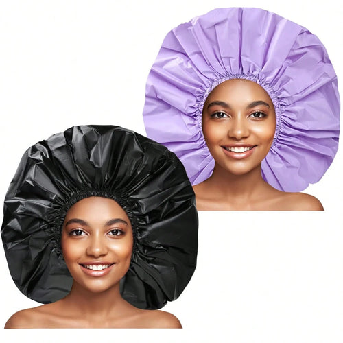 Jumbo Size Shower Cap 2 PCS Waterproof Shower Caps For Women, Extra Large Shower Cap, Reusable Super Large Bath Caps Hair Cap For Long Thick Curly Hair, Locs, Twist Braids- Black + Purple