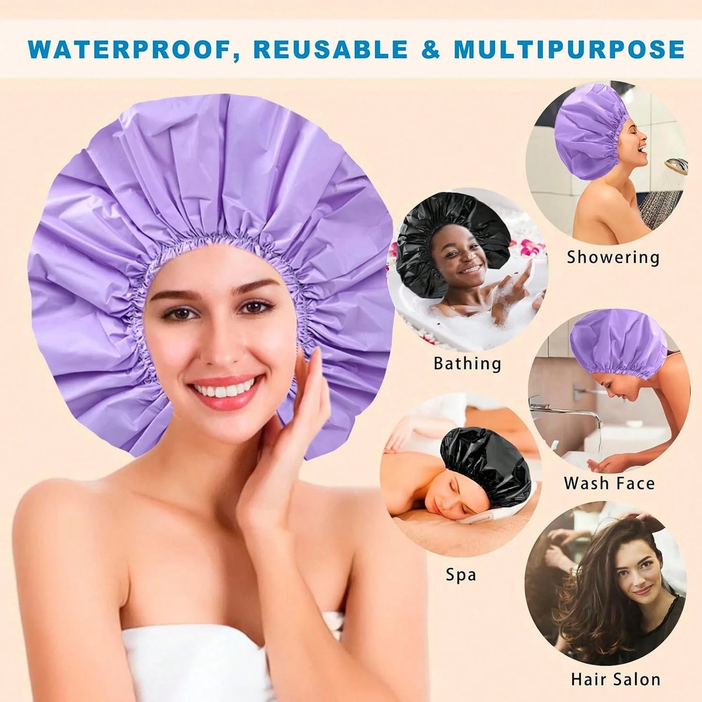 Jumbo Size Shower Cap 2 PCS Waterproof Shower Caps For Women, Extra Large Shower Cap, Reusable Super Large Bath Caps Hair Cap For Long Thick Curly Hair, Locs, Twist Braids- Black + Purple