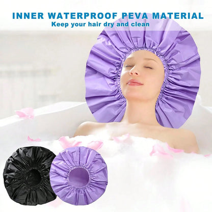 Jumbo Size Shower Cap 2 PCS Waterproof Shower Caps For Women, Extra Large Shower Cap, Reusable Super Large Bath Caps Hair Cap For Long Thick Curly Hair, Locs, Twist Braids- Black + Purple