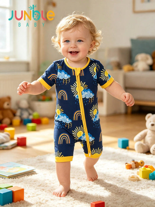 JUNBLEBABY Baby Boys Bamboo Short Sleeve Zipper Romper, Rainbow Sun Cloud Lightning Print Short Leg Jumpsuit, Soft Stretchy Breathable Summer Clothes