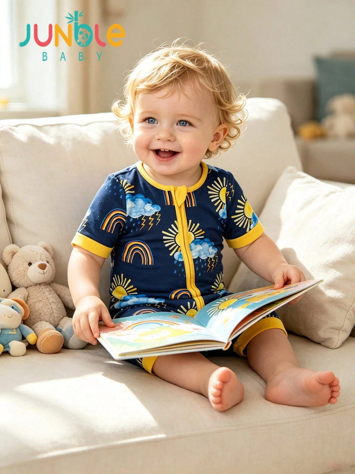 JUNBLEBABY Baby Boys Bamboo Short Sleeve Zipper Romper, Rainbow Sun Cloud Lightning Print Short Leg Jumpsuit, Soft Stretchy Breathable Summer Clothes