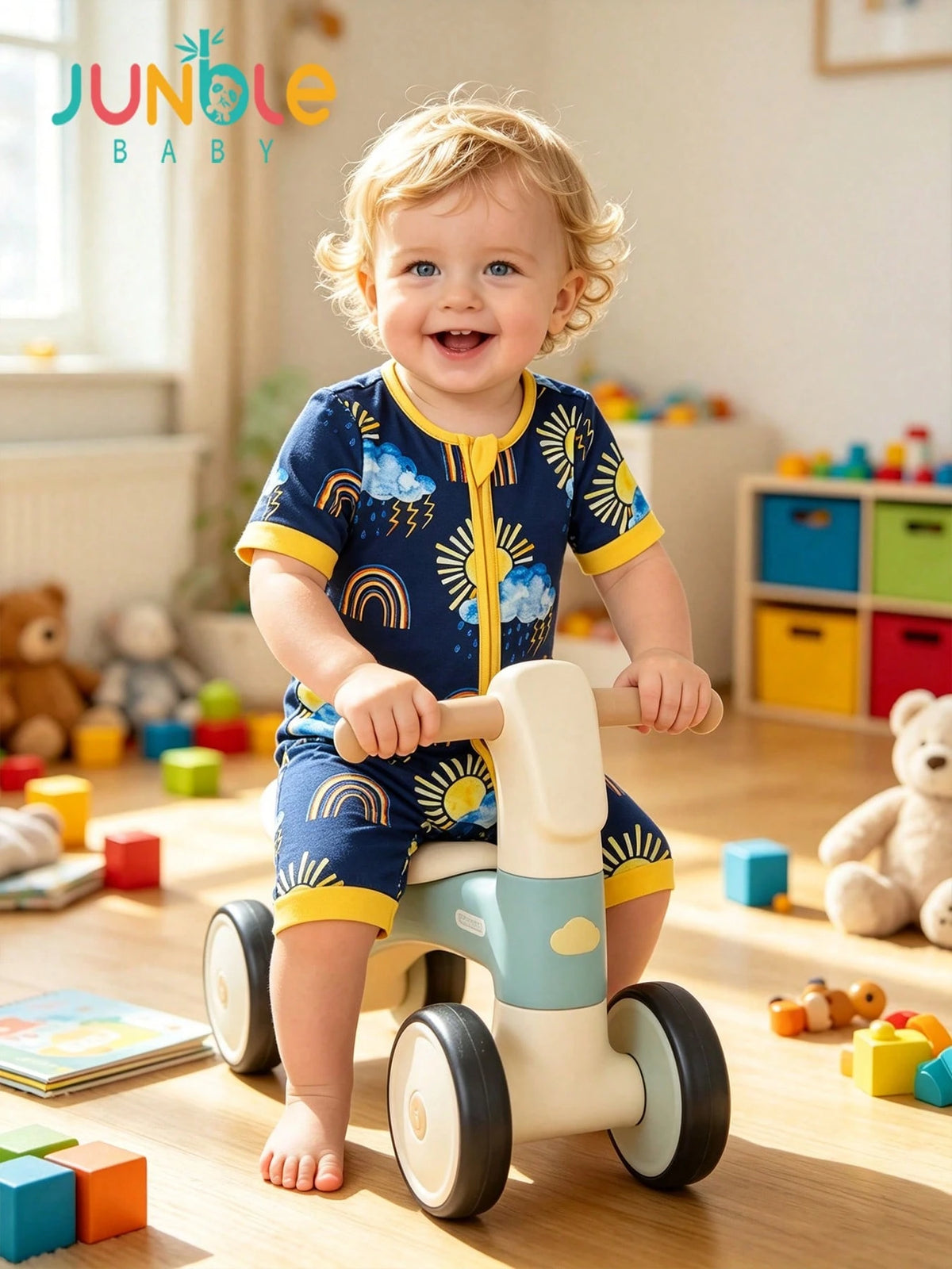 JUNBLEBABY Baby Boys Bamboo Short Sleeve Zipper Romper, Rainbow Sun Cloud Lightning Print Short Leg Jumpsuit, Soft Stretchy Breathable Summer Clothes