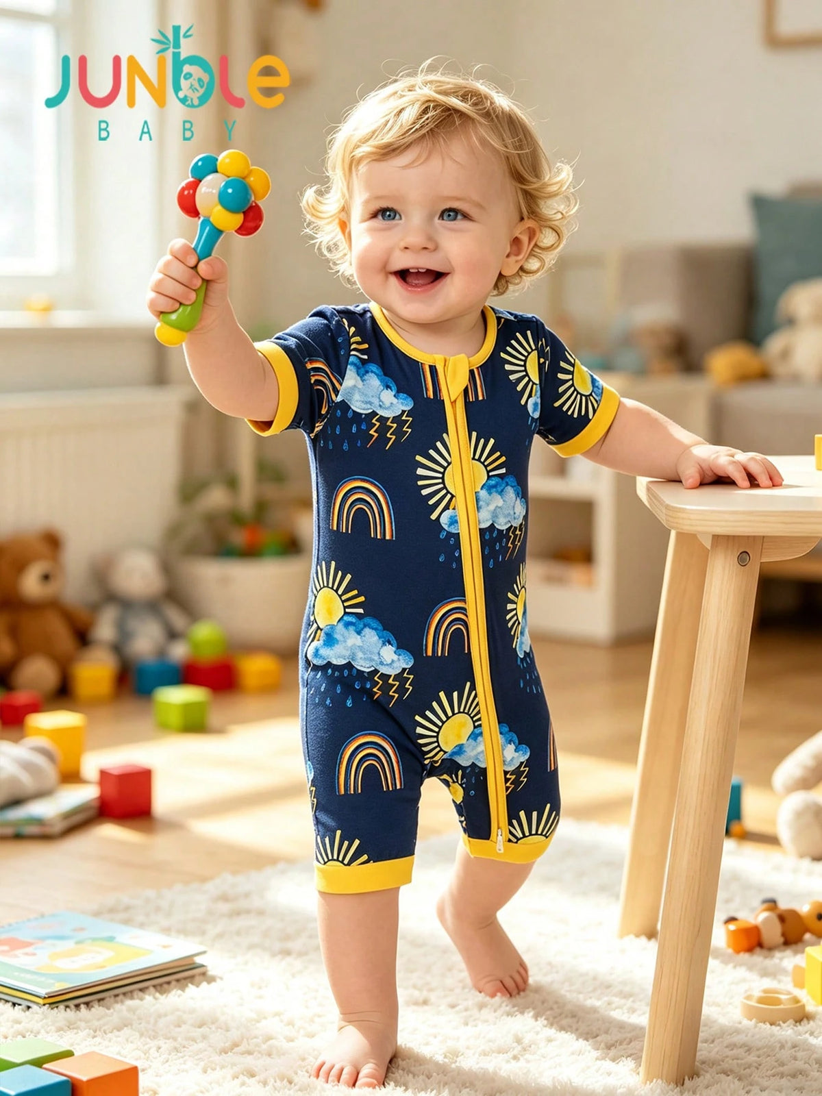 JUNBLEBABY Baby Boys Bamboo Short Sleeve Zipper Romper, Rainbow Sun Cloud Lightning Print Short Leg Jumpsuit, Soft Stretchy Breathable Summer Clothes