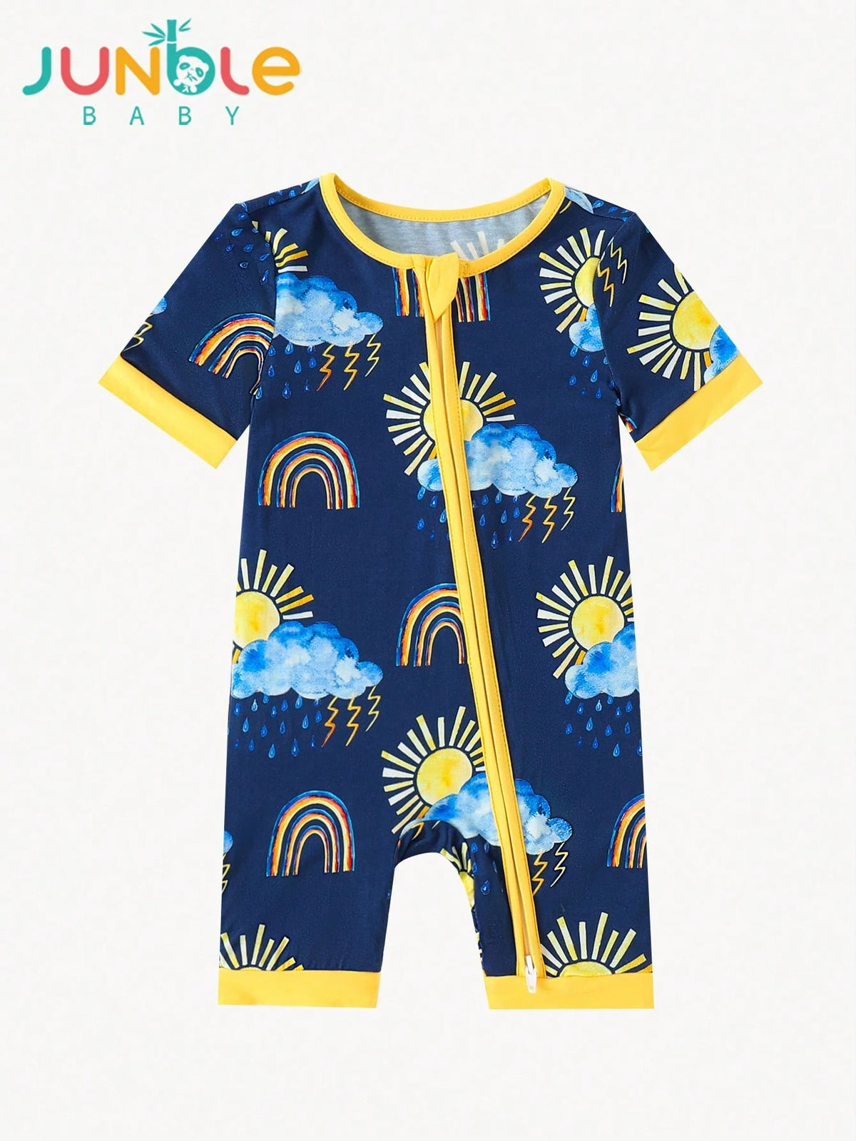 JUNBLEBABY Baby Boys Bamboo Short Sleeve Zipper Romper, Rainbow Sun Cloud Lightning Print Short Leg Jumpsuit, Soft Stretchy Breathable Summer Clothes