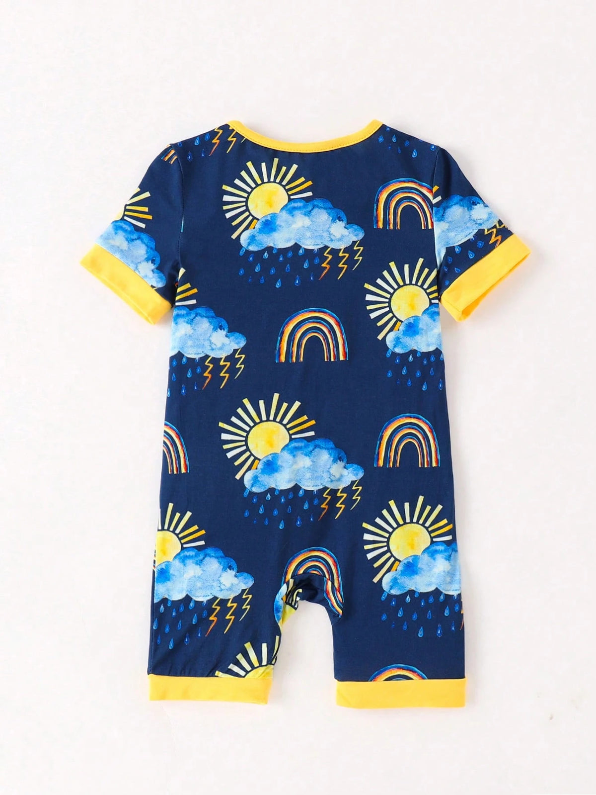 JUNBLEBABY Baby Boys Bamboo Short Sleeve Zipper Romper, Rainbow Sun Cloud Lightning Print Short Leg Jumpsuit, Soft Stretchy Breathable Summer Clothes