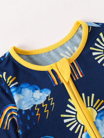 JUNBLEBABY Baby Boys Bamboo Short Sleeve Zipper Romper, Rainbow Sun Cloud Lightning Print Short Leg Jumpsuit, Soft Stretchy Breathable Summer Clothes