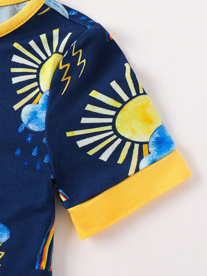 JUNBLEBABY Baby Boys Bamboo Short Sleeve Zipper Romper, Rainbow Sun Cloud Lightning Print Short Leg Jumpsuit, Soft Stretchy Breathable Summer Clothes