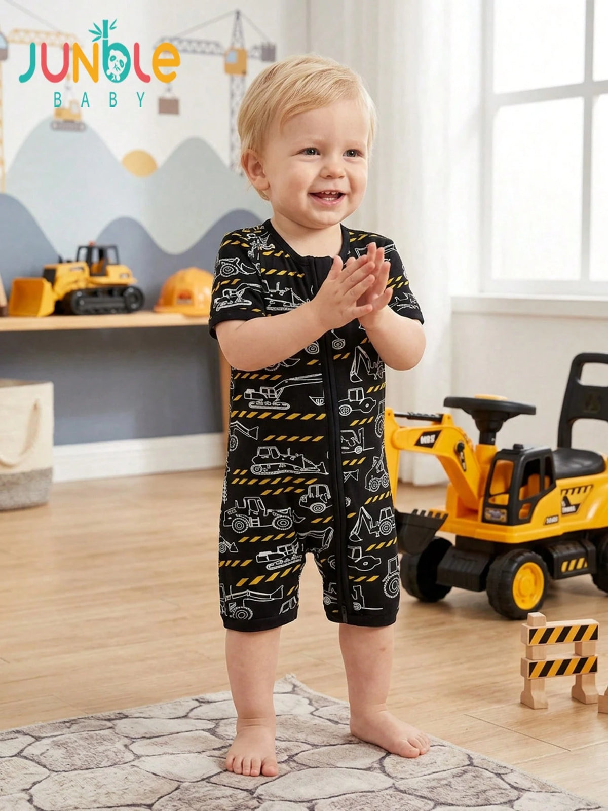JUNBLEBABY Boys Bamboo Fiber Short Sleeve Romper, Double Zipper Easy Diaper Change, Black White Excavator Print, Summer Outdoor Outfit For 0-24M Baby
