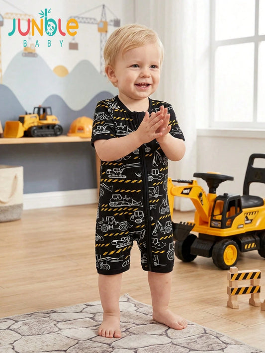 JUNBLEBABY Boys Bamboo Fiber Short Sleeve Romper, Double Zipper Easy Diaper Change, Black White Excavator Print, Summer Outdoor Outfit For 0-24M Baby