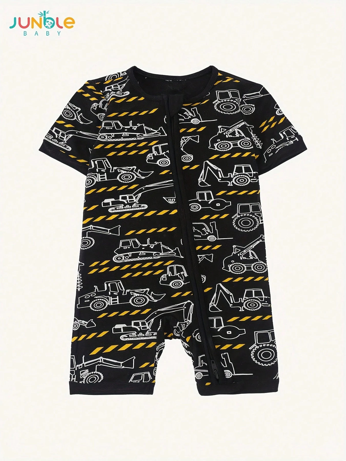 JUNBLEBABY Boys Bamboo Fiber Short Sleeve Romper, Double Zipper Easy Diaper Change, Black White Excavator Print, Summer Outdoor Outfit For 0-24M Baby
