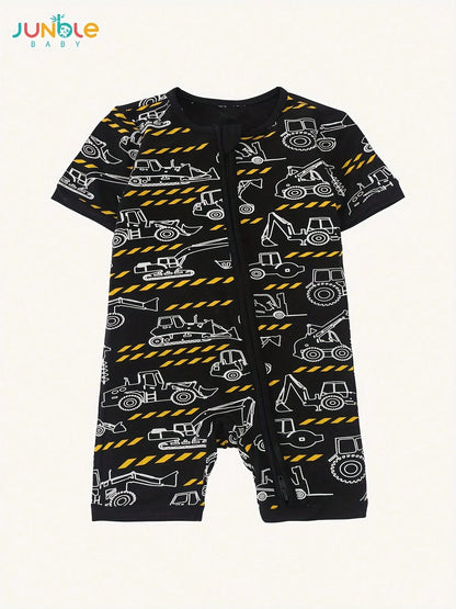 JUNBLEBABY Boys Bamboo Fiber Short Sleeve Romper, Double Zipper Easy Diaper Change, Black White Excavator Print, Summer Outdoor Outfit For 0-24M Baby