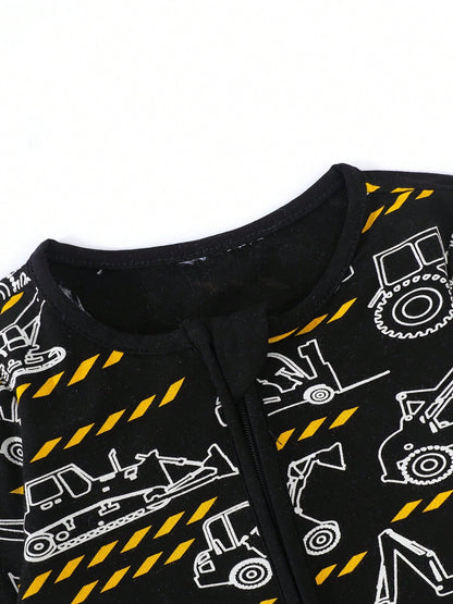 JUNBLEBABY Boys Bamboo Fiber Short Sleeve Romper, Double Zipper Easy Diaper Change, Black White Excavator Print, Summer Outdoor Outfit For 0-24M Baby