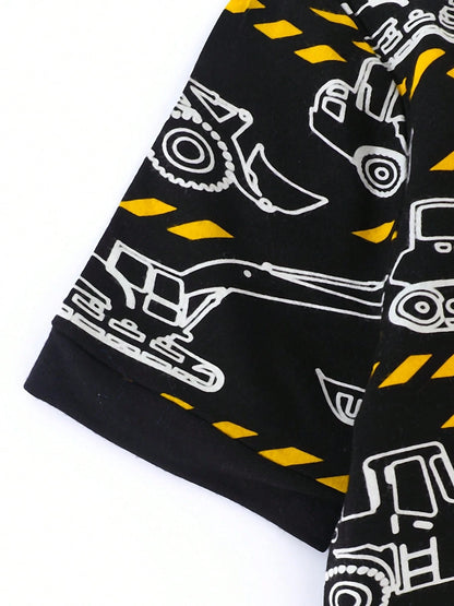 JUNBLEBABY Boys Bamboo Fiber Short Sleeve Romper, Double Zipper Easy Diaper Change, Black White Excavator Print, Summer Outdoor Outfit For 0-24M Baby
