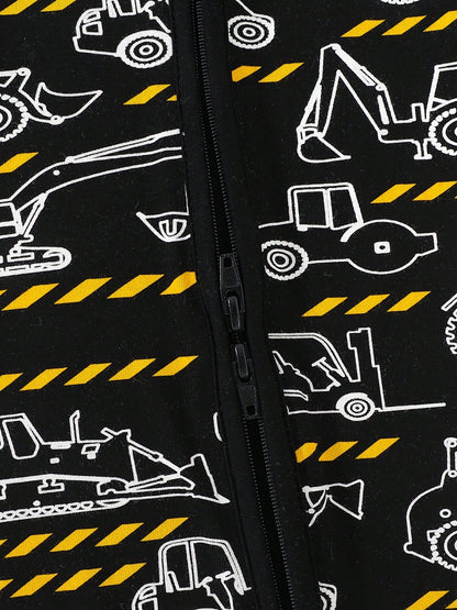 JUNBLEBABY Boys Bamboo Fiber Short Sleeve Romper, Double Zipper Easy Diaper Change, Black White Excavator Print, Summer Outdoor Outfit For 0-24M Baby