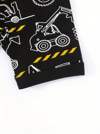 JUNBLEBABY Boys Bamboo Fiber Short Sleeve Romper, Double Zipper Easy Diaper Change, Black White Excavator Print, Summer Outdoor Outfit For 0-24M Baby