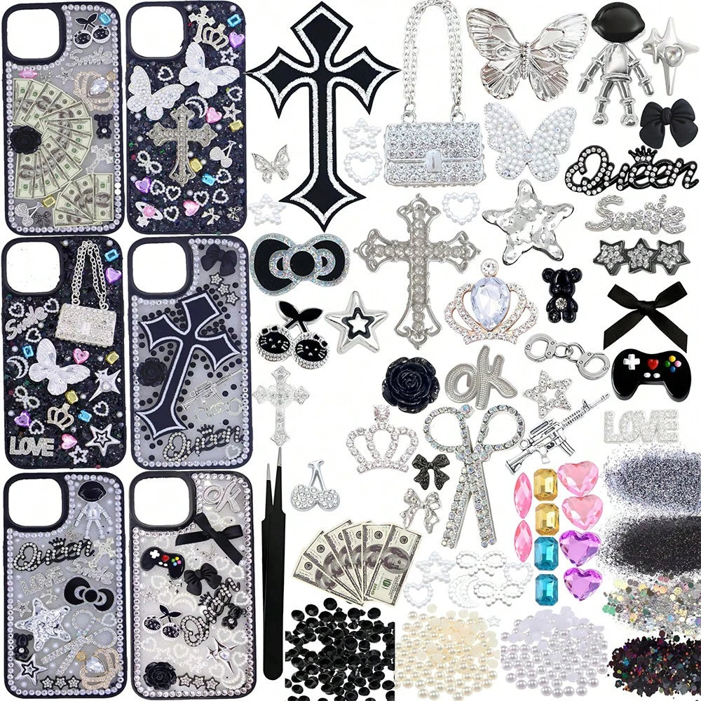 Junk Case Charms Kit,Black Junk Phone Case Charms Bedazzling Kit,Big Charm For DIY Cases,Kawaii Bow, Nail Accessories, Flatback Pearls, Rhinestones, Aesthetic Decor For DIY Tumbler Glass