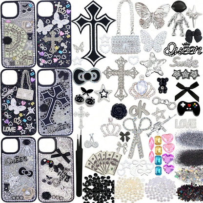 Junk Case Charms Kit,Black Junk Phone Case Charms Bedazzling Kit,Big Charm For DIY Cases,Kawaii Bow, Nail Accessories, Flatback Pearls, Rhinestones, Aesthetic Decor For DIY Tumbler Glass