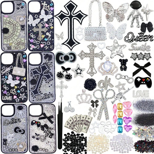 Junk Case Charms Kit,Black Junk Phone Case Charms Bedazzling Kit,Big Charm For DIY Cases,Kawaii Bow, Nail Accessories, Flatback Pearls, Rhinestones, Aesthetic Decor For DIY Tumbler Glass