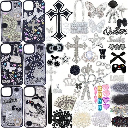 Junk Case Charms Kit,Black Junk Phone Case Charms Bedazzling Kit,Big Charm For DIY Cases,Kawaii Bow, Nail Accessories, Flatback Pearls, Rhinestones, Aesthetic Decor For DIY Tumbler Glass