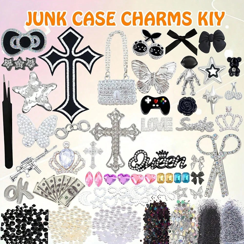 Junk Case Charms Kit,Black Junk Phone Case Charms Bedazzling Kit,Big Charm For DIY Cases,Kawaii Bow, Nail Accessories, Flatback Pearls, Rhinestones, Aesthetic Decor For DIY Tumbler Glass