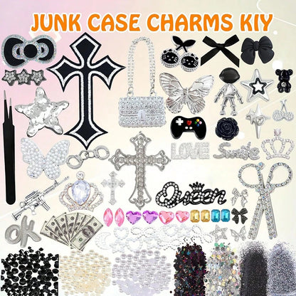 Junk Case Charms Kit,Black Junk Phone Case Charms Bedazzling Kit,Big Charm For DIY Cases,Kawaii Bow, Nail Accessories, Flatback Pearls, Rhinestones, Aesthetic Decor For DIY Tumbler Glass