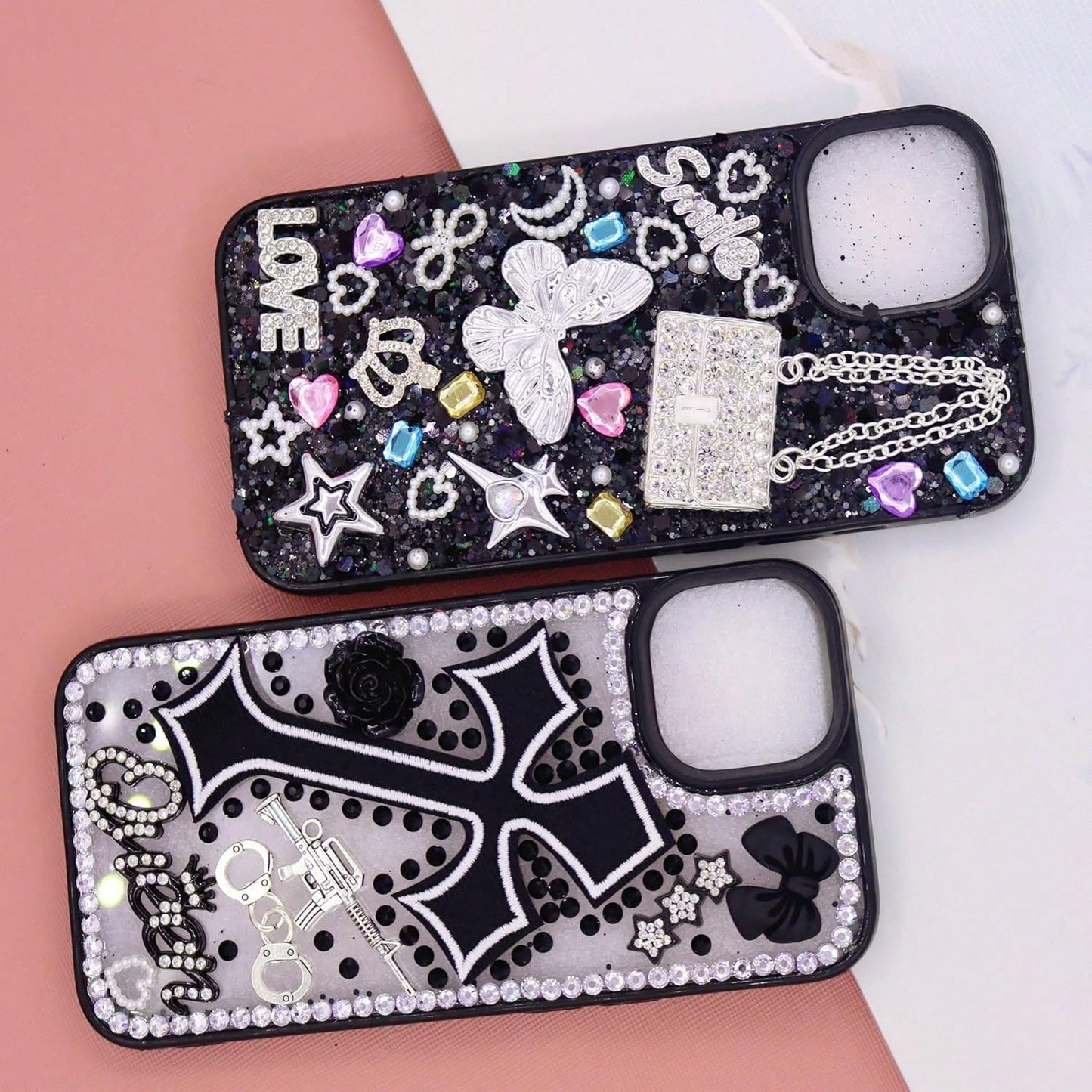 Junk Case Charms Kit,Black Junk Phone Case Charms Bedazzling Kit,Big Charm For DIY Cases,Kawaii Bow, Nail Accessories, Flatback Pearls, Rhinestones, Aesthetic Decor For DIY Tumbler Glass