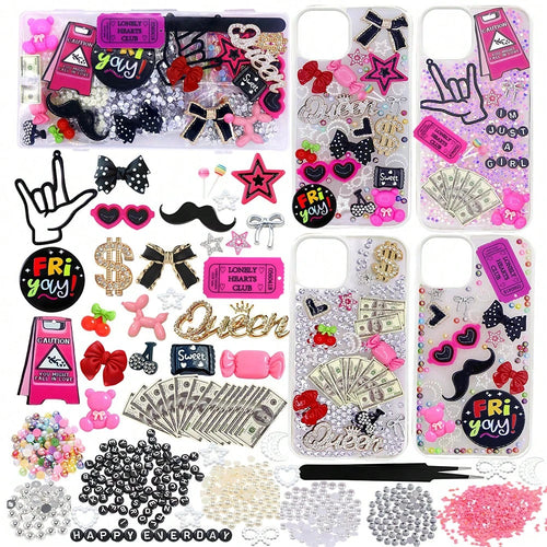 Junk Case Charms Kit Black Pink Charm For Phone Cases Multi-Shape Kawaii Bow Heart Star Phone Case Charm Flatback Pearls For Case Nails Jewelry DIY Craft