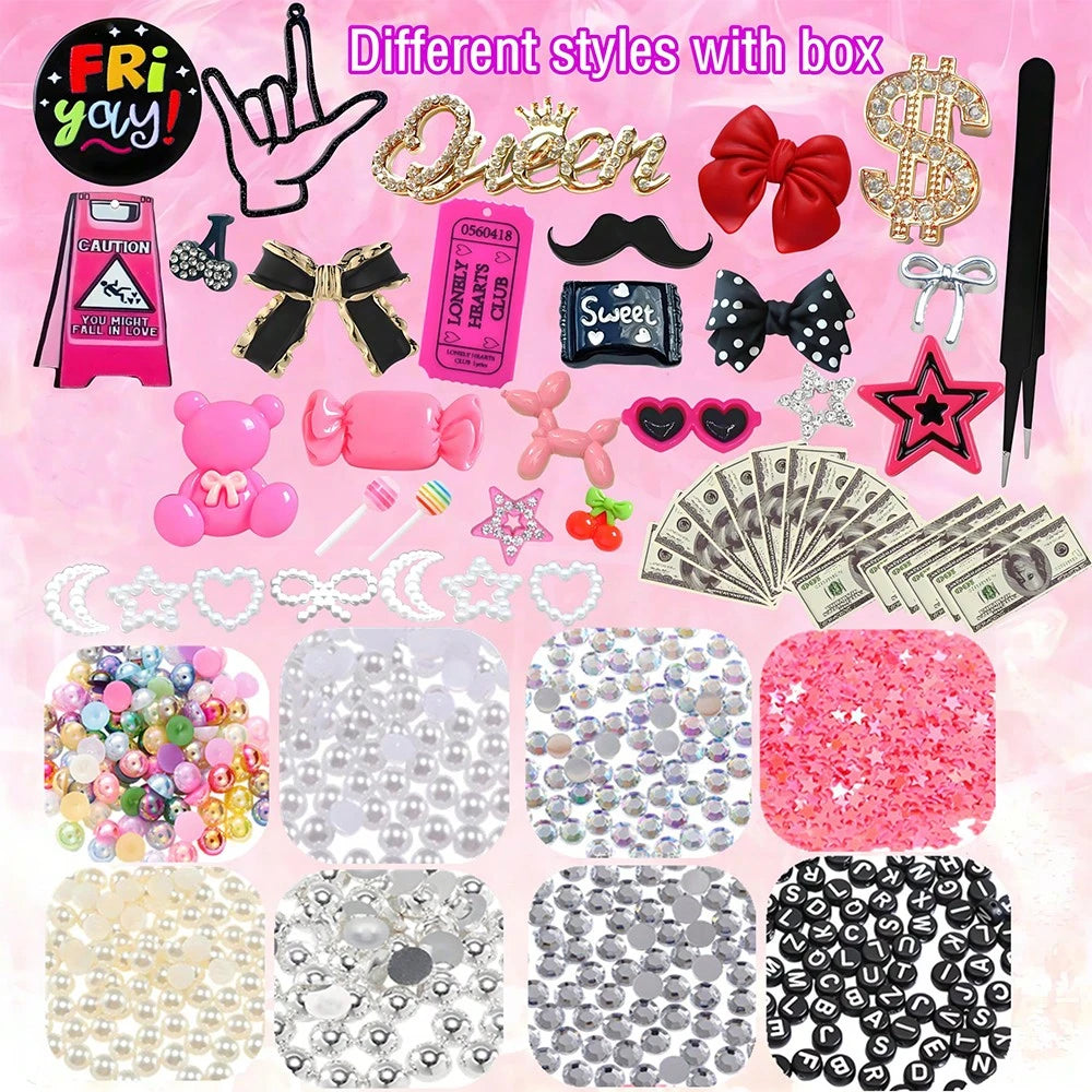 Junk Case Charms Kit Black Pink Charm For Phone Cases Multi-Shape Kawaii Bow Heart Star Phone Case Charm Flatback Pearls For Case Nails Jewelry DIY Craft