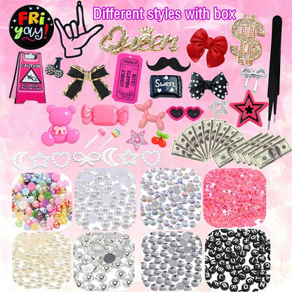 Junk Case Charms Kit Black Pink Charm For Phone Cases Multi-Shape Kawaii Bow Heart Star Phone Case Charm Flatback Pearls For Case Nails Jewelry DIY Craft