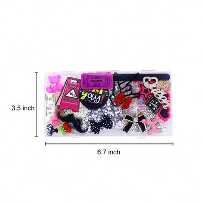 Junk Case Charms Kit Black Pink Charm For Phone Cases Multi-Shape Kawaii Bow Heart Star Phone Case Charm Flatback Pearls For Case Nails Jewelry DIY Craft
