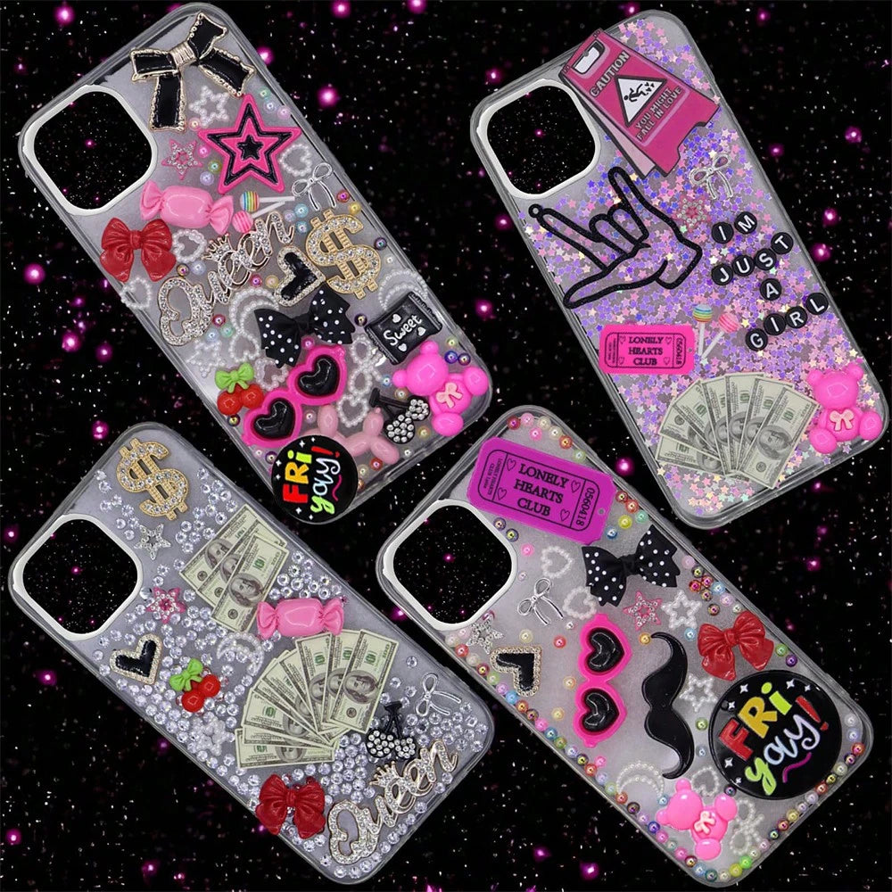 Junk Case Charms Kit Black Pink Charm For Phone Cases Multi-Shape Kawaii Bow Heart Star Phone Case Charm Flatback Pearls For Case Nails Jewelry DIY Craft