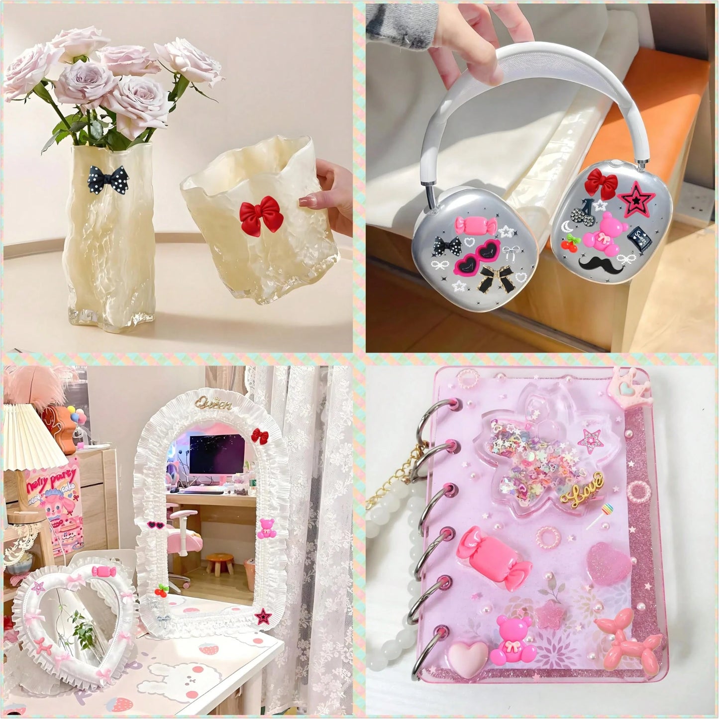 Junk Case Charms Kit Black Pink Charm For Phone Cases Multi-Shape Kawaii Bow Heart Star Phone Case Charm Flatback Pearls For Case Nails Jewelry DIY Craft
