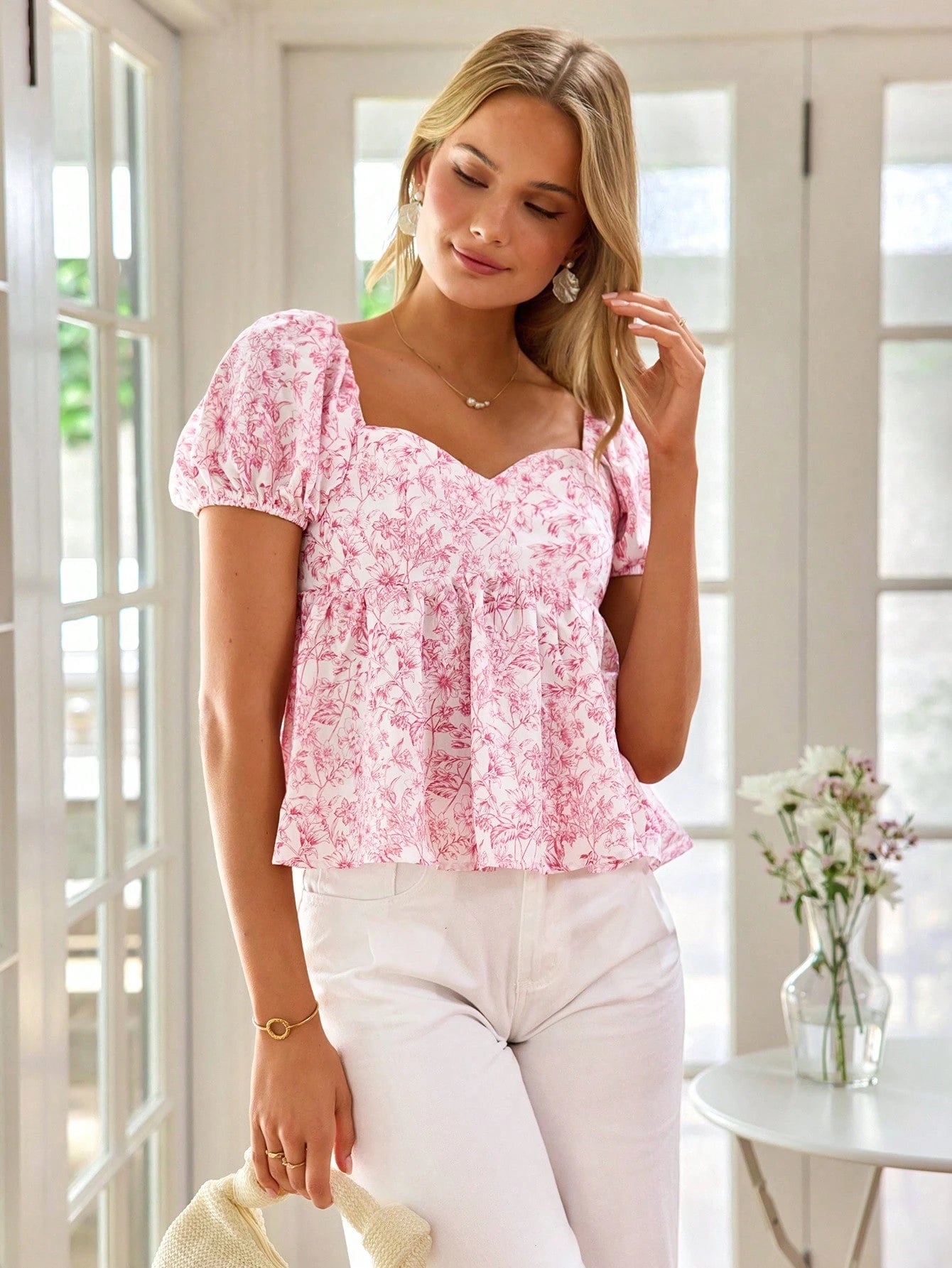 KARISMINA Women's Elegant Vacation Woven Printed Bubble Short-Sleeve Lady Shirt With Sweetheart Collar,Short Sleeve Tops