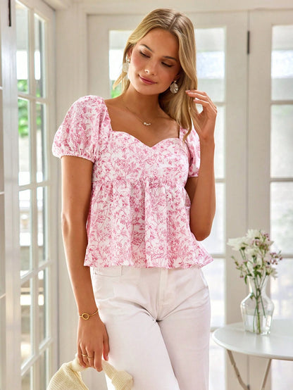 KARISMINA Women's Elegant Vacation Woven Printed Bubble Short-Sleeve Lady Shirt With Sweetheart Collar,Short Sleeve Tops