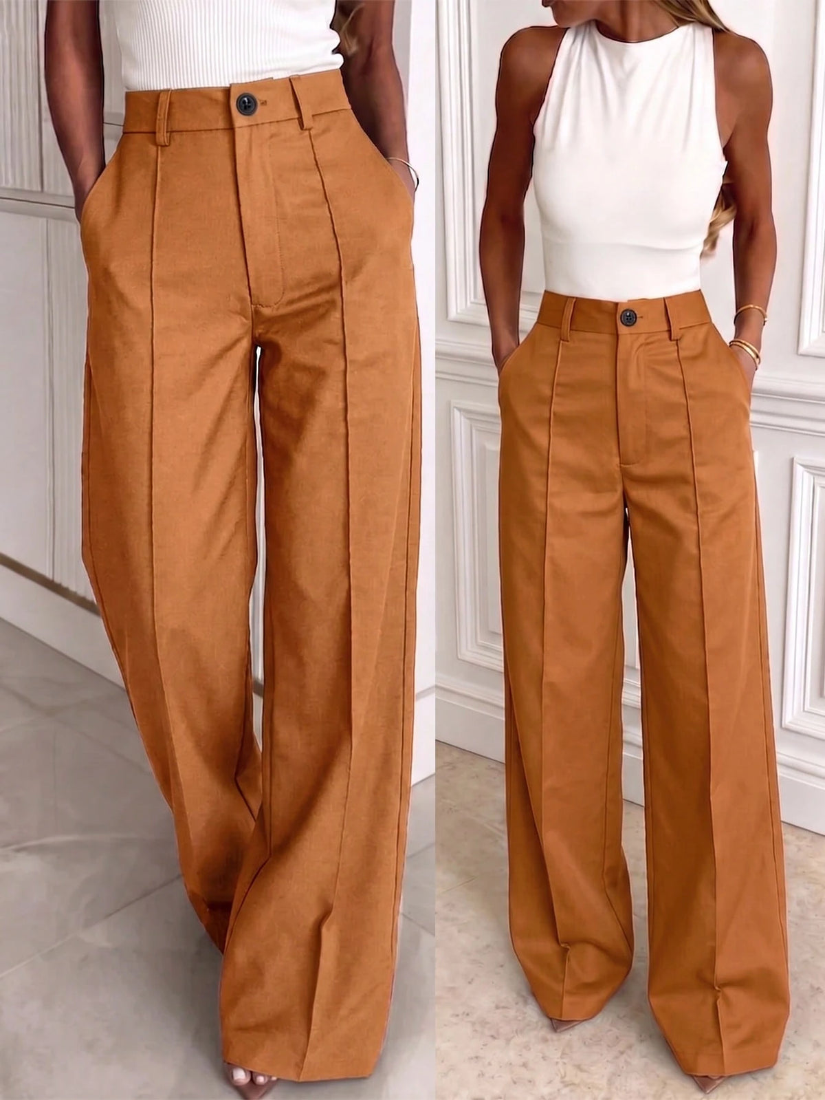 Kayi Solid Color Button Zipper Pocket Waist-Cinched Woven Non-Stretch Non- Suit Fabric Black Long Pants Casual Office Commute Daily Spring Brown