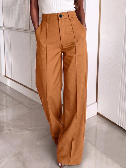 Kayi Solid Color Button Zipper Pocket Waist-Cinched Woven Non-Stretch Non- Suit Fabric Black Long Pants Casual Office Commute Daily Spring Brown