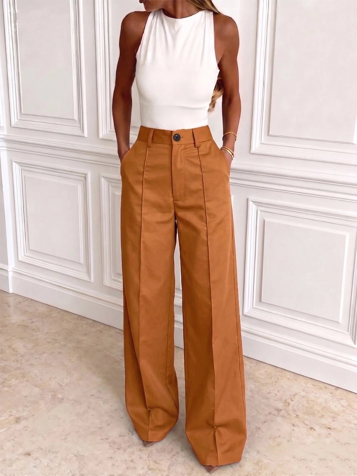 Kayi Solid Color Button Zipper Pocket Waist-Cinched Woven Non-Stretch Non- Suit Fabric Black Long Pants Casual Office Commute Daily Spring Brown