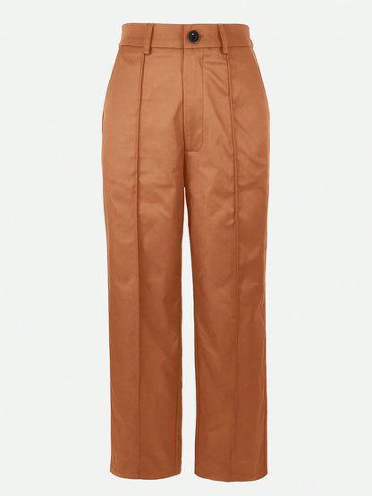 Kayi Solid Color Button Zipper Pocket Waist-Cinched Woven Non-Stretch Non- Suit Fabric Black Long Pants Casual Office Commute Daily Spring Brown