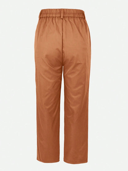 Kayi Solid Color Button Zipper Pocket Waist-Cinched Woven Non-Stretch Non- Suit Fabric Black Long Pants Casual Office Commute Daily Spring Brown