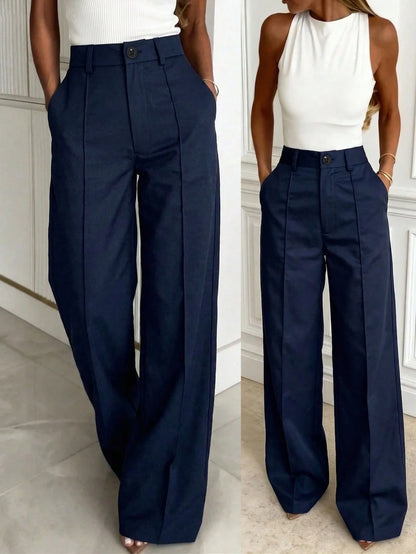 Kayi Solid Color Button Zipper Pocket Waist-Cinched Woven Non-Stretch Non- Suit Fabric Black Long Pants Casual Office Commute Daily Spring Brown