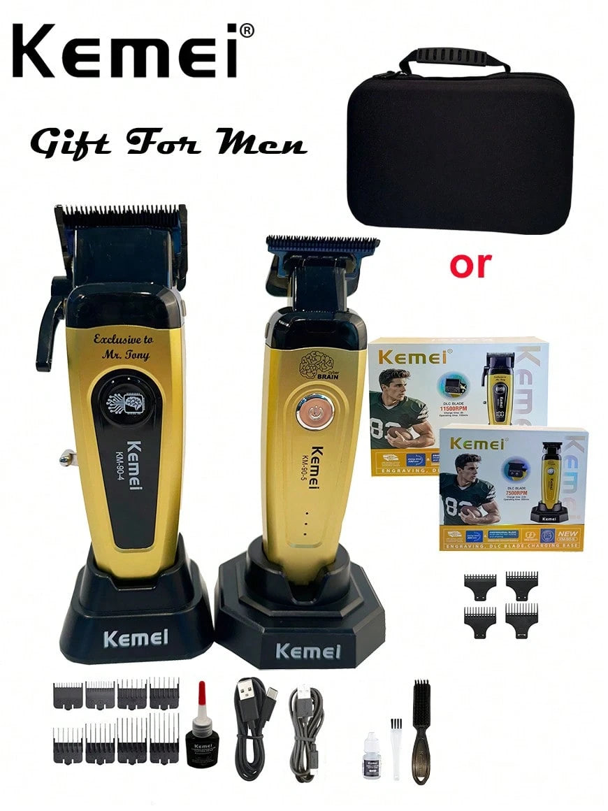 Kemei 2pcs Electric Hair Clipper + Trimmer Set, KM-90-4 And KM-90-5 Electric Hair Clippers, Men's Christmas & New Year Gift, Salon Haircut + Trimming Set, 0mm Precision Hair Clipper, Beard Trimmer KM