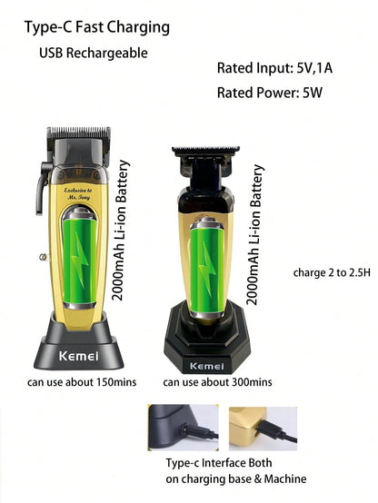 Kemei 2pcs Electric Hair Clipper + Trimmer Set, KM-90-4 And KM-90-5 Electric Hair Clippers, Men's Christmas & New Year Gift, Salon Haircut + Trimming Set, 0mm Precision Hair Clipper, Beard Trimmer KM