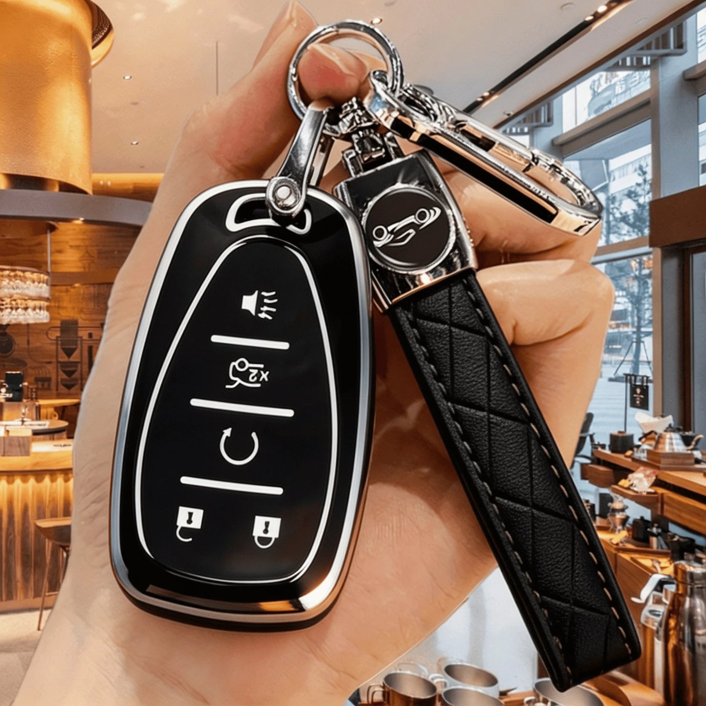 Key Fob Cover Compatible With Chevrolet 5-Button Smart Key, Premium TPU Protective Case With Leather Keychain For Chevy Malibu, Equinox, Traverse, Camaro,Suburban, Tahoe
